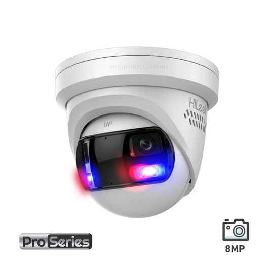 White security camera with red and blue lights on a white background, featuring the HiLook brand. HiLook 8MP Dual Lens Stitched Wide Angle Smart Hybrid Light Fixed Turret Network Camera IPC-T289PH-MU/SL