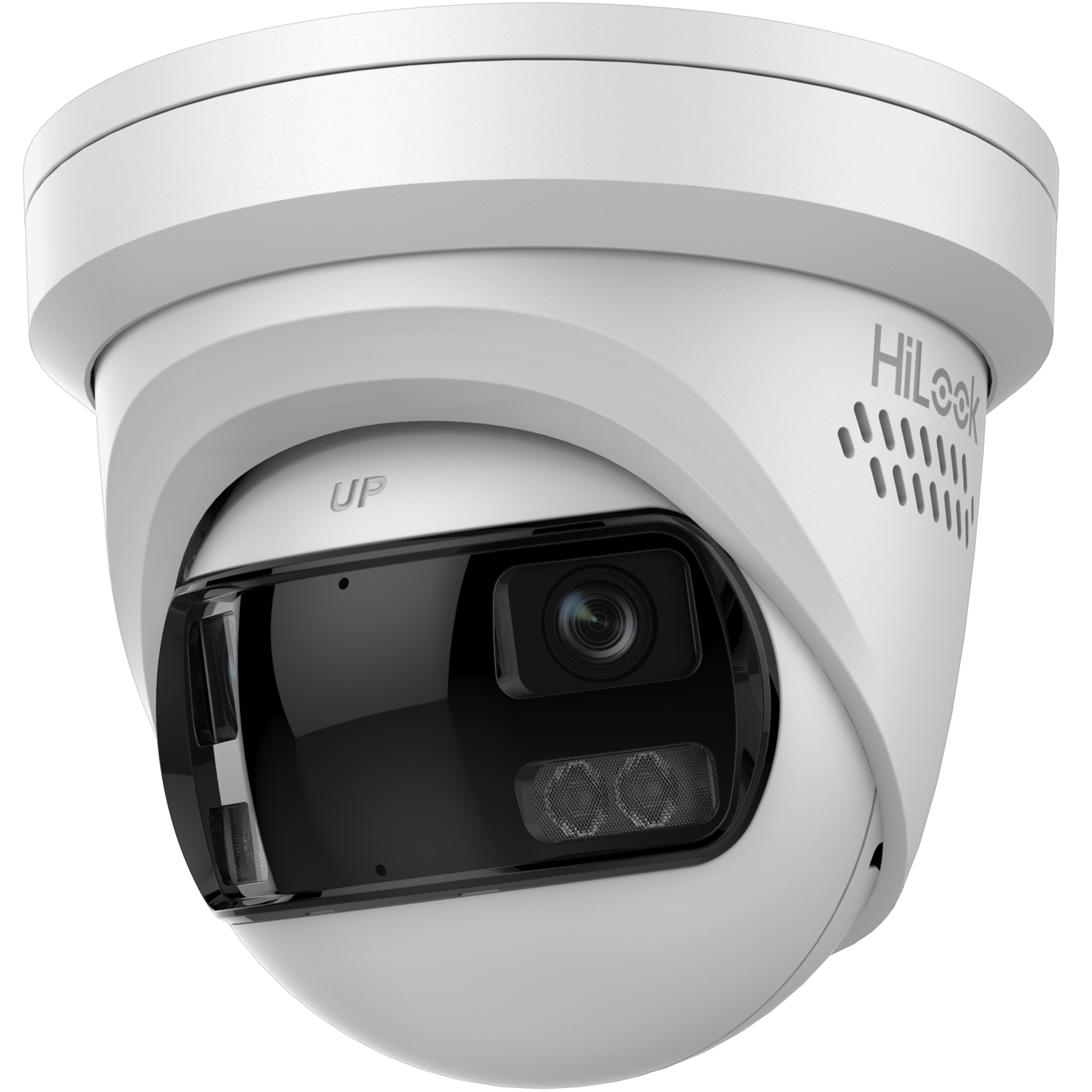 White security camera with 'HiLook' branding on a white background. HiLook 8MP Dual Lens Stitched Wide Angle Smart Hybrid Light Fixed Turret Network Camera IPC-T289PH-MU/SL White security camera with 'HiLook' branding on a white background. HiLook 8MP Dual Lens Stitched Wide Angle Smart Hybrid Light Fixed Turret Network Camera IPC-T289PH-MU/SL