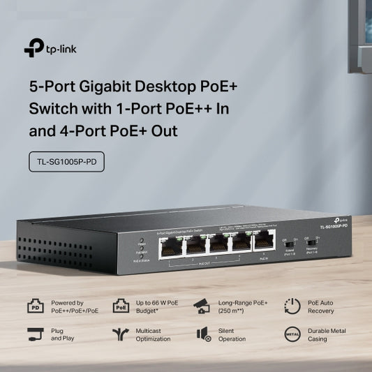 TP-Link VIGI 5-Port Gigabit Desktop PoE+ Switch with 1-Port PoE++ In and 4-Port PoE+Out TL-SG1005P-PD