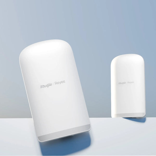 Two white Ruijie devices on a light blue background