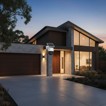 EZVIZ solar camera on Australian home at dusk