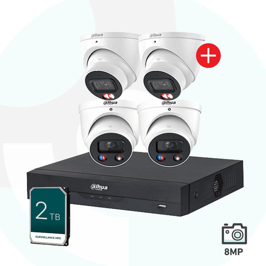 Dahua security camera system with four cameras, a DVR, and a 2TB hard drive on a white background.