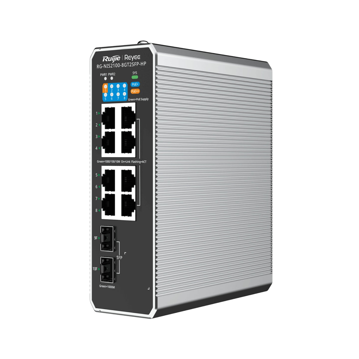 Ruijie Reyee 10-Port GE L2 Cloud Managed Industrial Switch 7x PoE+ 1x PoE++ 300W 2x SFP RG-NIS2100-8GT2SFP-HP
