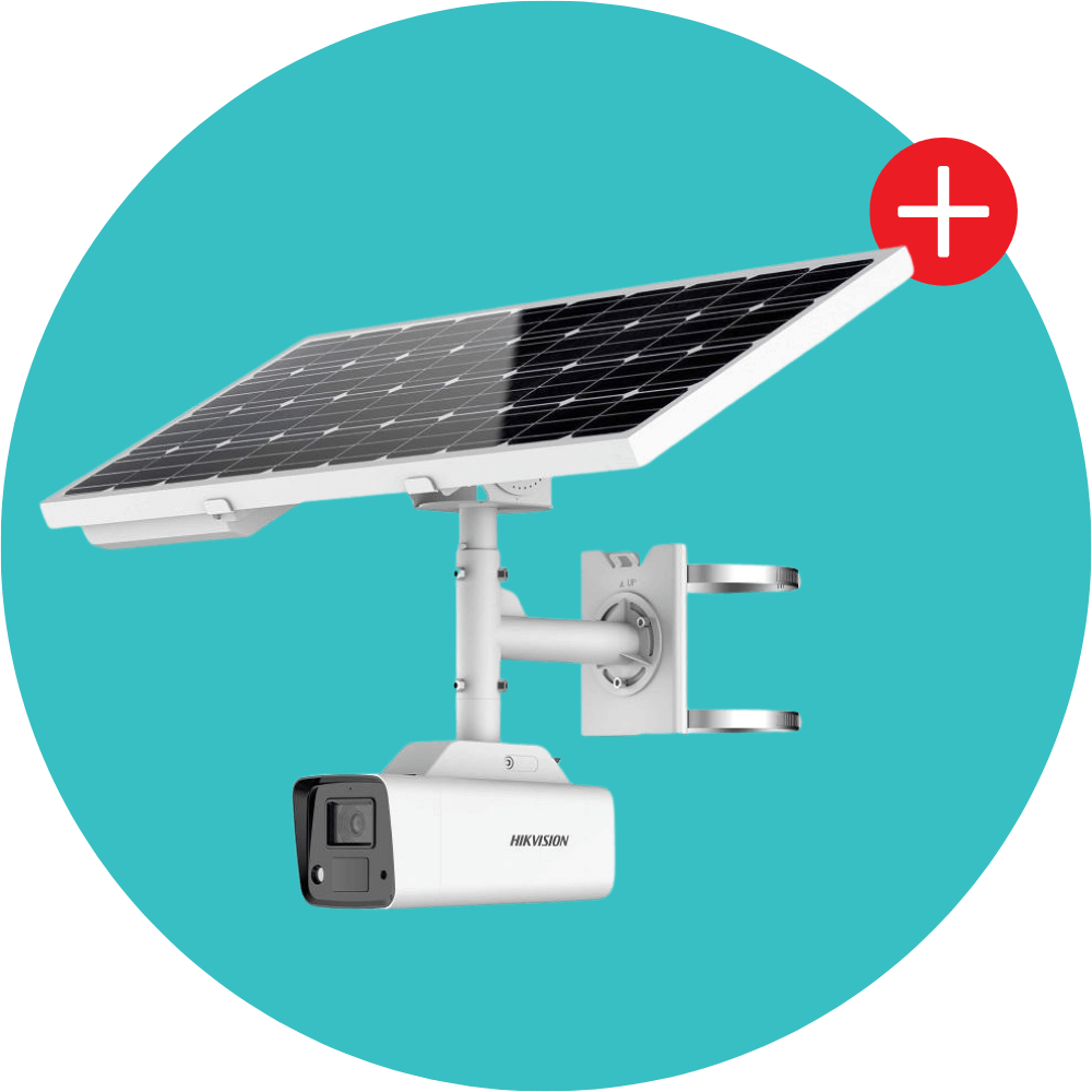 Solar-powered security camera system with a Hikvision brand logo on a teal background