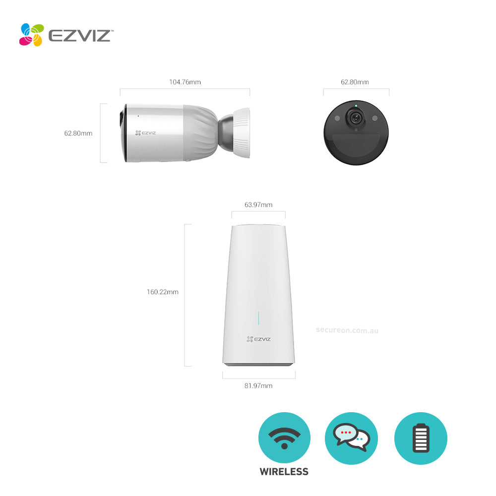 EZVIZ 1+2Pack Two Outdoor Wireless Battery-Powered Cameras with One Base Station Kit BC1-B2