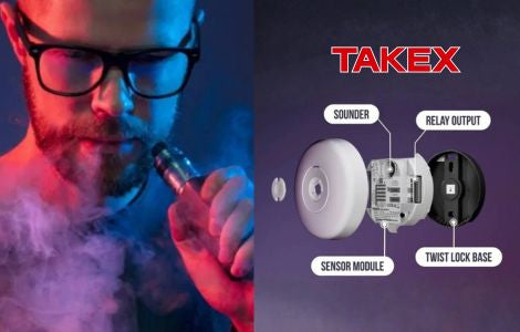 Person using a vape device with a close-up of a sounder sensor module on the right. Secure On Australia.